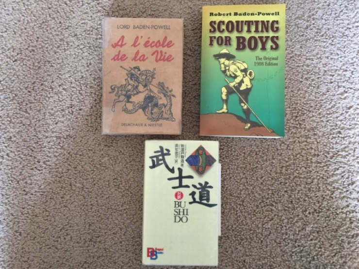 Three books: À l'école de la vie, Scouting for Boys & Bushido